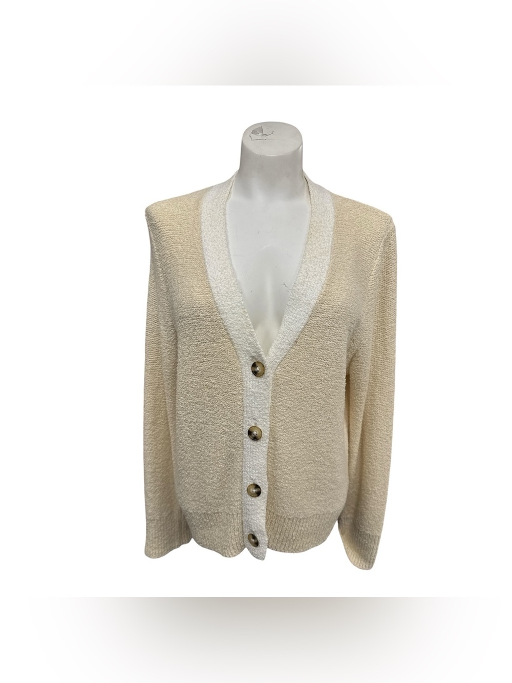 Cream Textured V-Neck Button Cardigan Sweater Size L
